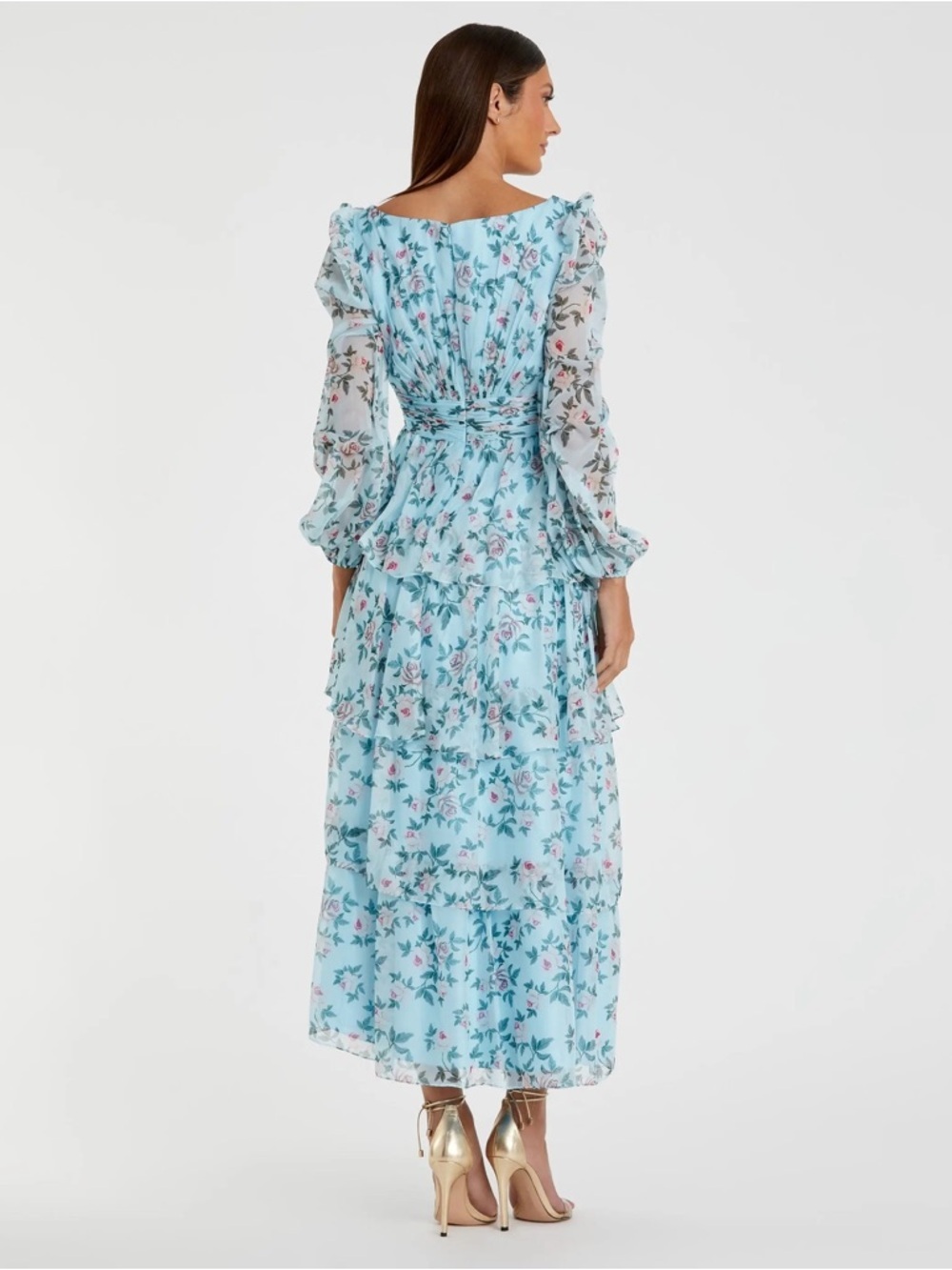 Mac Duggal 55880 Blue Puff Sleeve Floral Printed Dress Size 10 - Picture 3 of 12